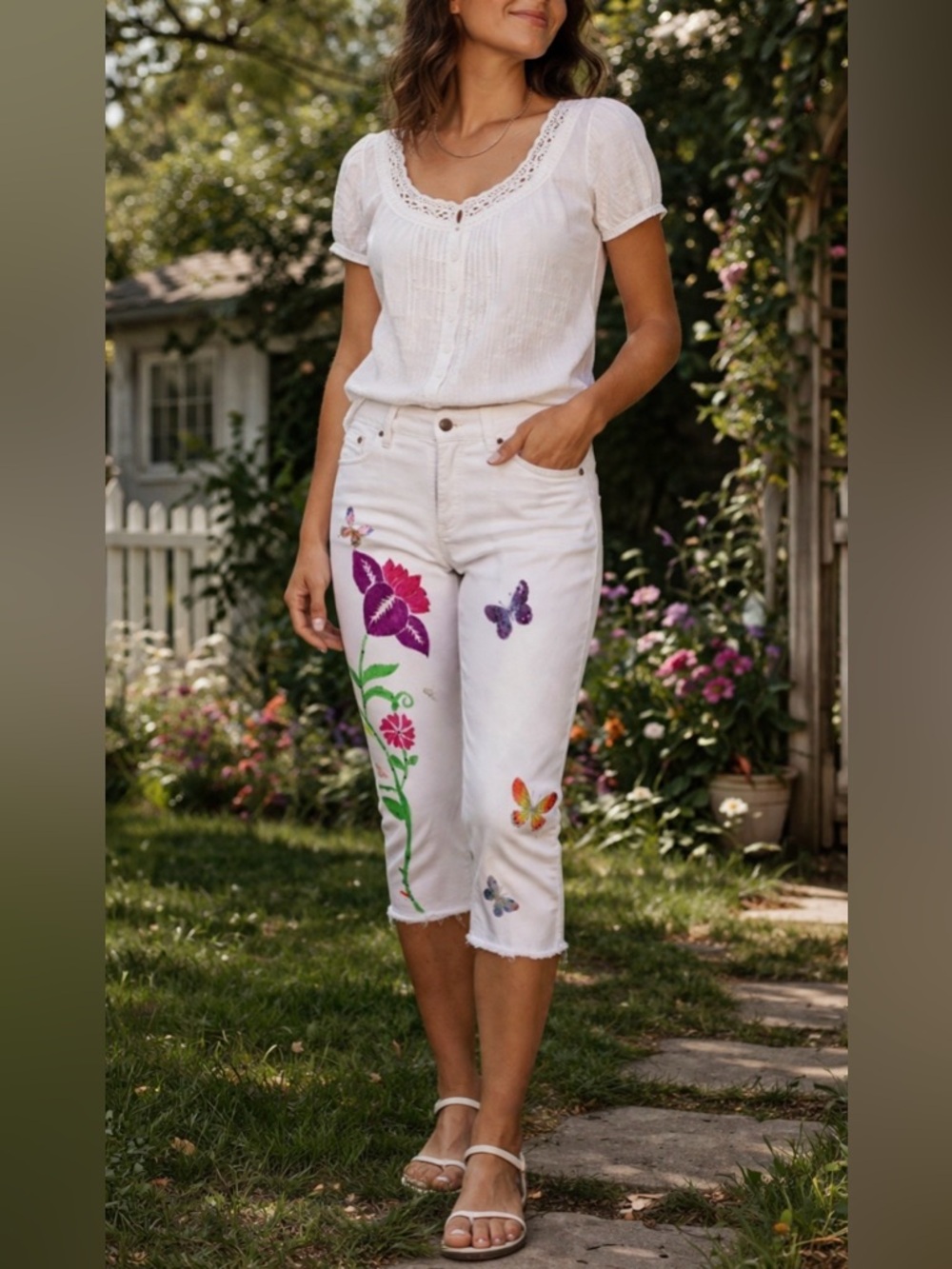 [BLANKNYC] Embellished White Crop Jeans with Butterflies & Florals